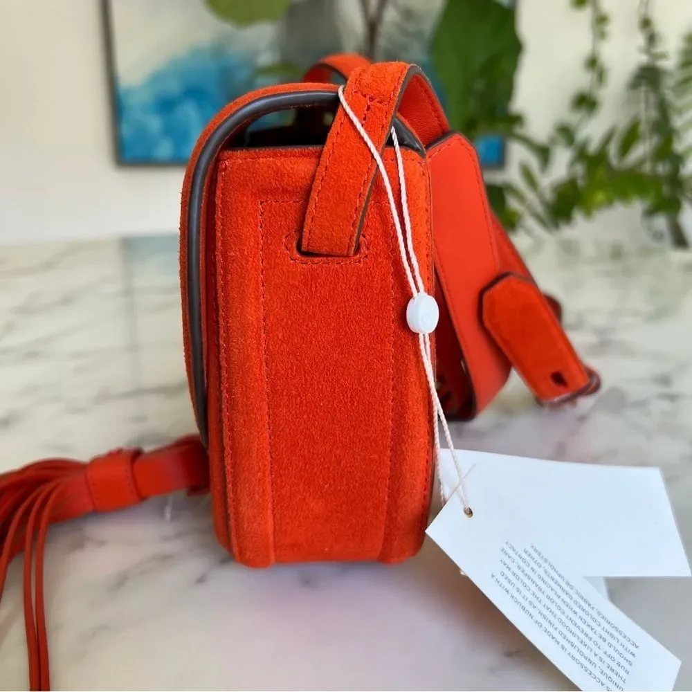 NWT Tory Burch Tassel Mini Saddle Bag Pure Orange Suede Leather Crossbody